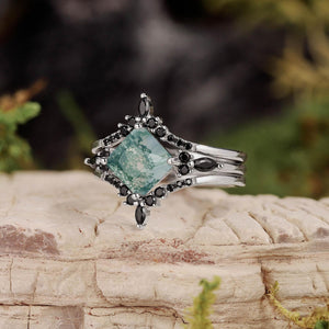 Nature Inspired Square Cut Moss Agate Leaf and Vine Promise Ring Set.