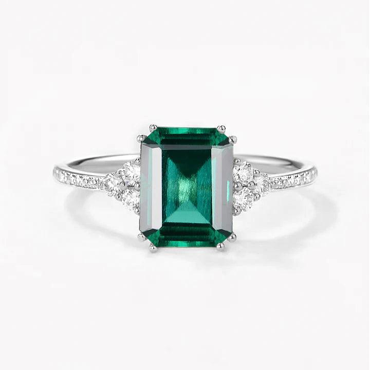 Classic Emerald Cut Moss Agate & Moissanite Cluster Engagement Ring.