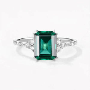 Classic Emerald Cut Moss Agate & Moissanite Cluster Engagement Ring.
