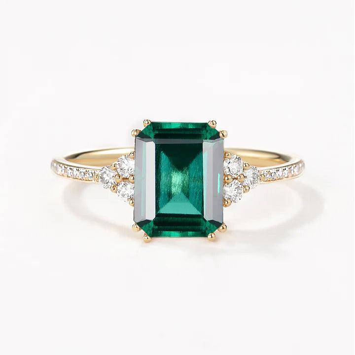 Classic Emerald Cut Moss Agate & Moissanite Cluster Engagement Ring.