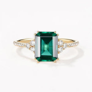 Classic Emerald Cut Moss Agate & Moissanite Cluster Engagement Ring.