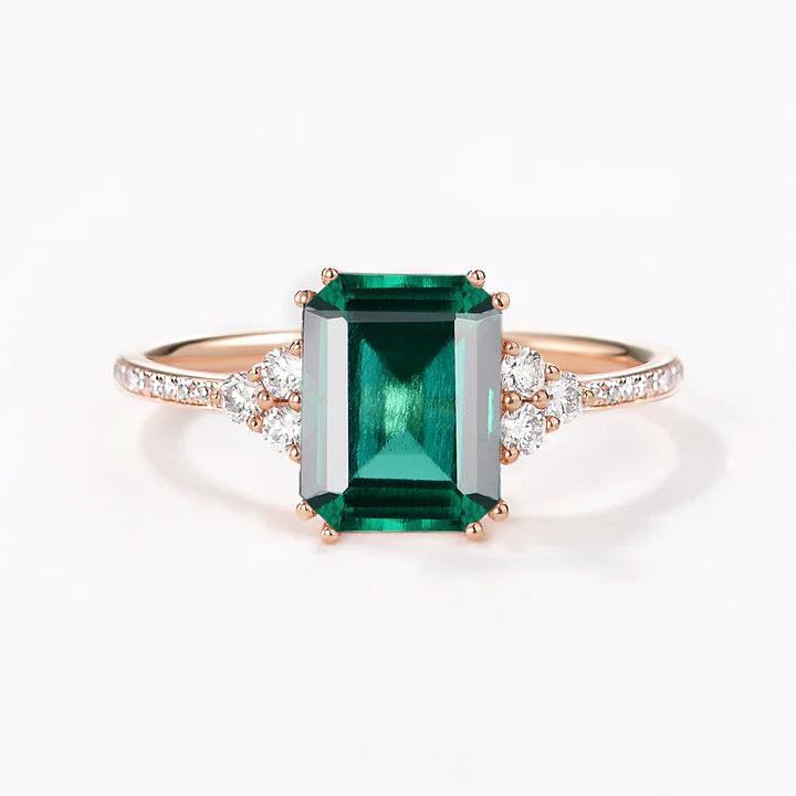 Classic Emerald Cut Moss Agate & Moissanite Cluster Engagement Ring.