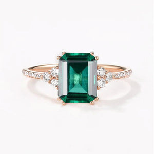 Classic Emerald Cut Moss Agate & Moissanite Cluster Engagement Ring.