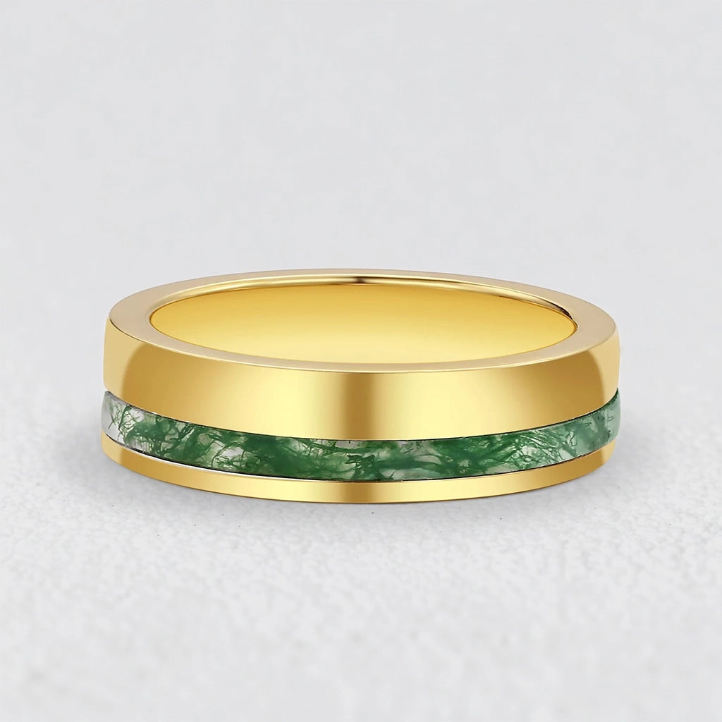 Silas’s Core | Moss Agate Minimalist Inlay Men’s Wedding Band.
