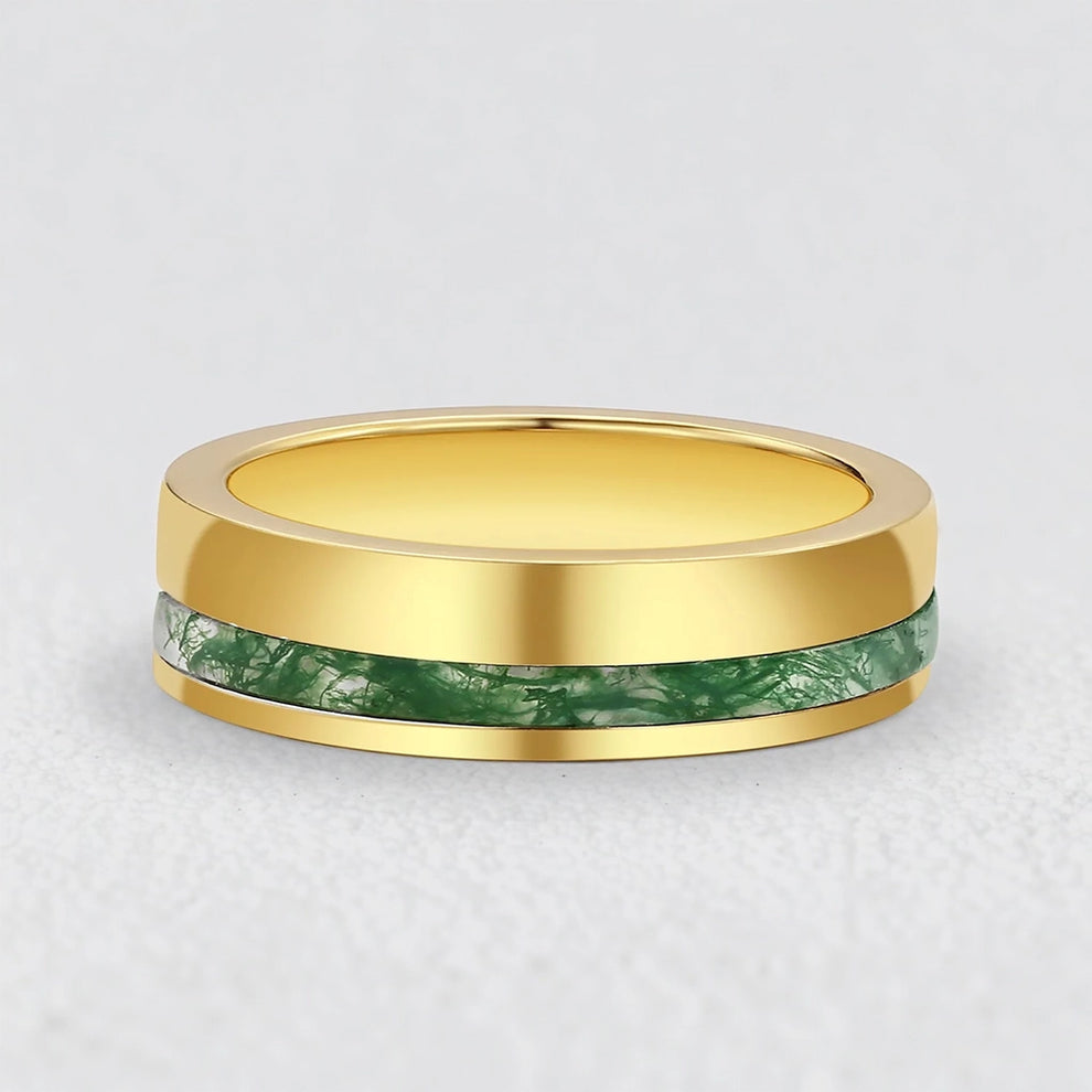 Silas’s Core | Moss Agate Minimalist Inlay Men’s Wedding Band.