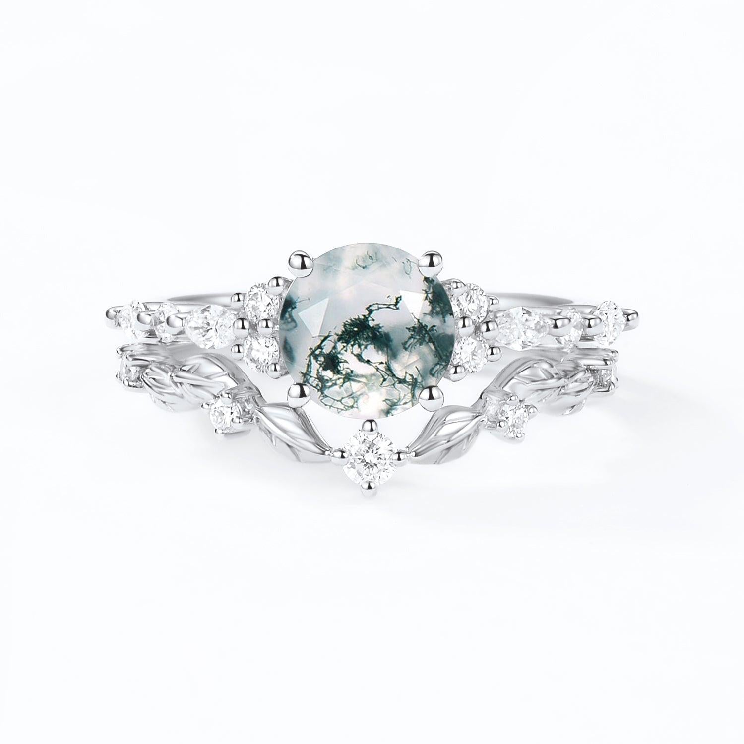 Sarah Round Shaped Leafy Moss Agate Engagement Ring Sets.