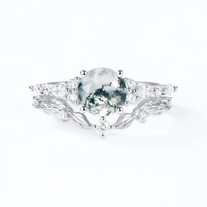 Sarah Round Shaped Leafy Moss Agate Engagement Ring Sets.