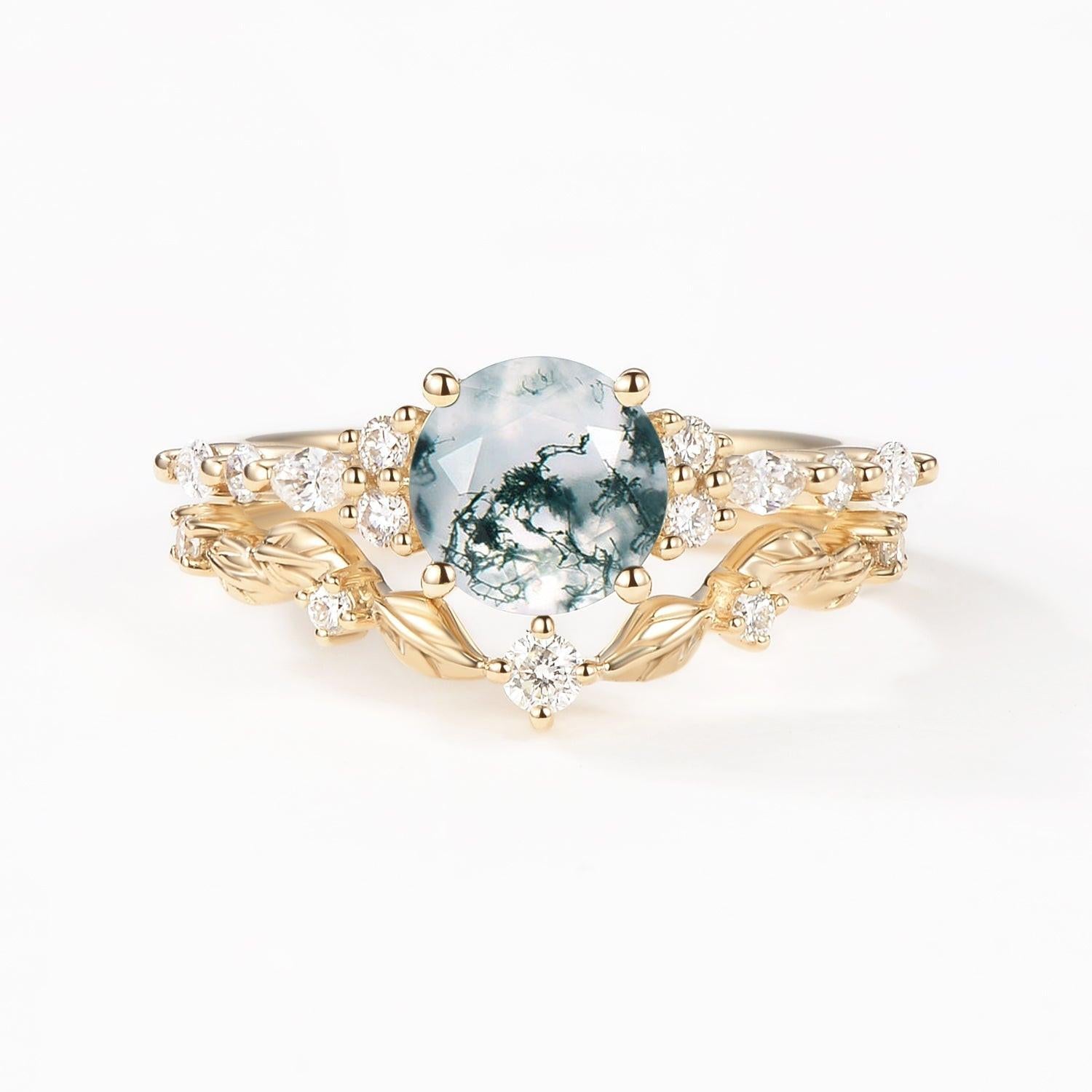 Sarah Round Shaped Leafy Moss Agate Engagement Ring Sets.