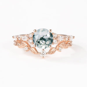 Sarah Round Shaped Leafy Moss Agate Engagement Ring Sets.