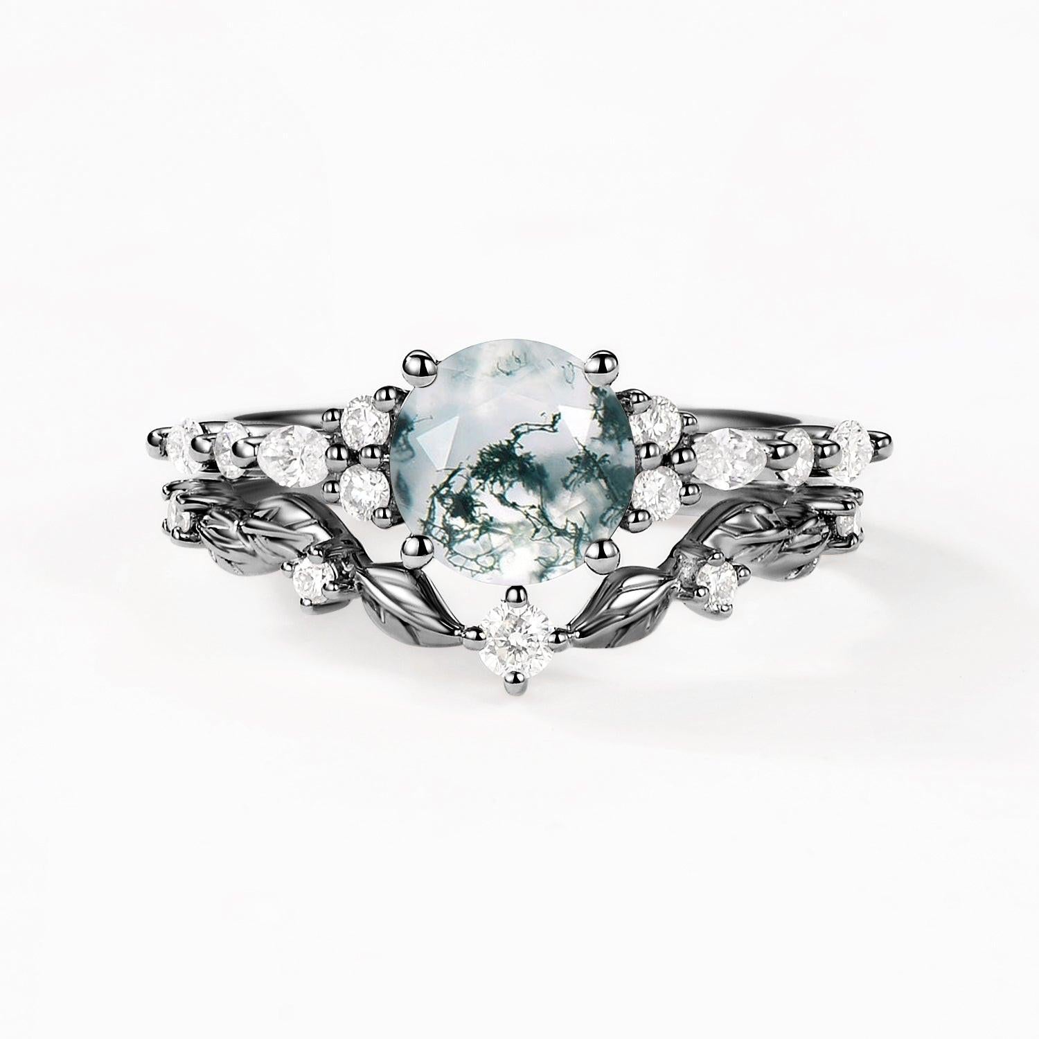 Black Gold Round Shaped Leafy Moss Agate Engagement Ring Sets 2PCS.