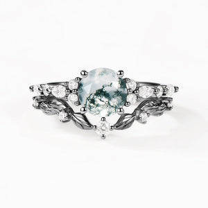 Black Gold Round Shaped Leafy Moss Agate Engagement Ring Sets 2PCS.