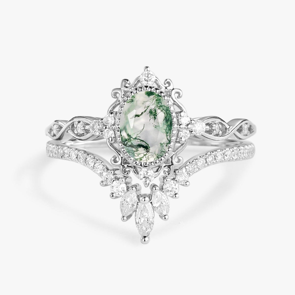 Linden Oval Cut Vintage Moss Agate Engagement Ring Set 2pcs.