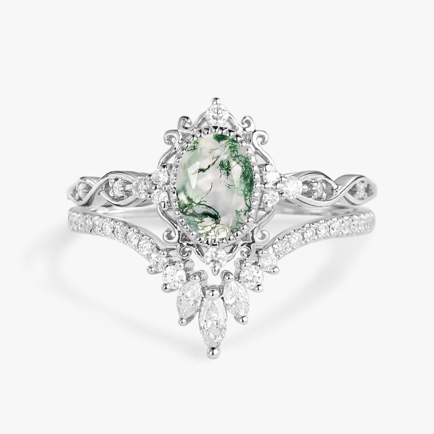Linden Oval Cut Vintage Moss Agate Engagement Ring Set 2pcs.
