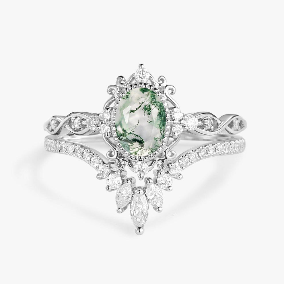 Linden Oval Cut Vintage Moss Agate Engagement Ring Set 2pcs.