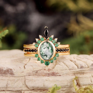 Unique Oval cut Moss Agate Leaf and Vine Promise Ring Set 3pcs.