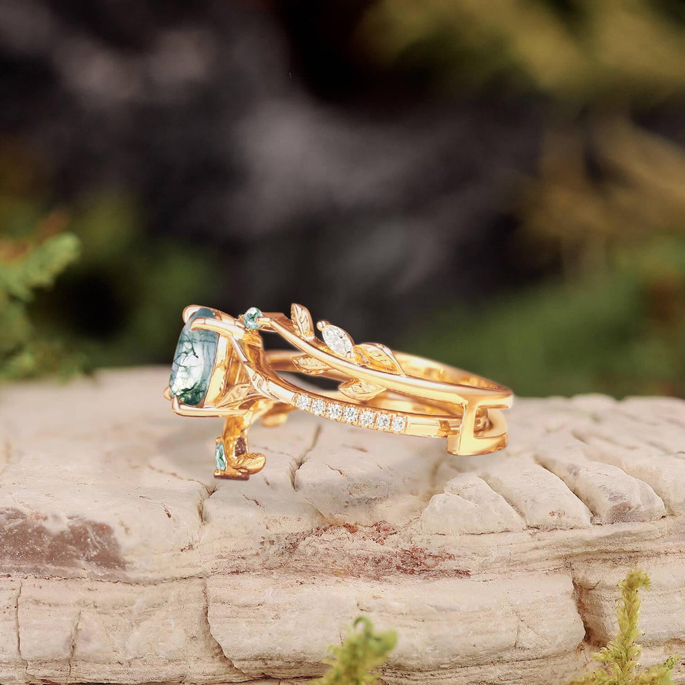 Cordelia’s Branching | Moss Agate Leafy Split Band Bridal Set 2pcs.