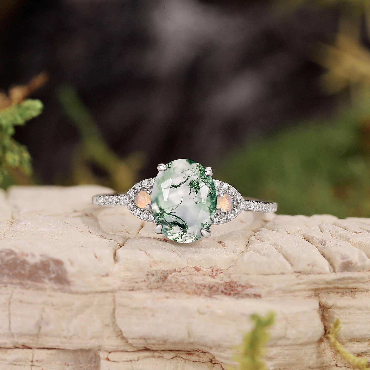 Nature Inspired Oval Cut Moss Agate Engagement Ring.