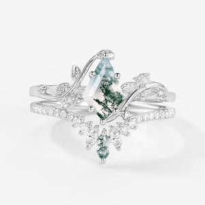 Unique Kite Cut Moss Agate Vine Bridal Ring Sets 2pcs.