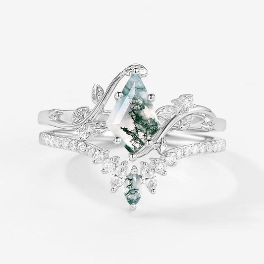 Unique Kite Cut Moss Agate Vine Bridal Ring Sets 2pcs.