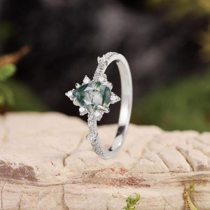 Unique Pear Cut Moss Agate Cluster Engagement Ring.