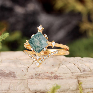 Nature Inspired Square Cut Moss Agate Promise Ring Set.