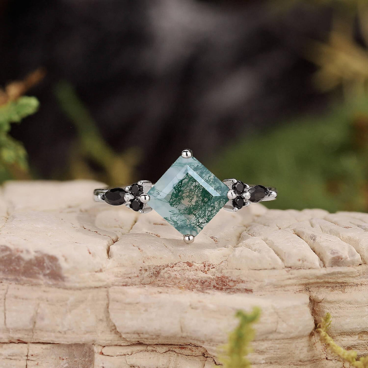 Nature Inspired Square Cut Moss Agate Leaf and Vine Promise Ring.