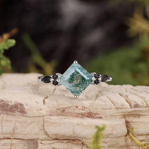 Nature Inspired Square Cut Moss Agate Leaf and Vine Promise Ring.
