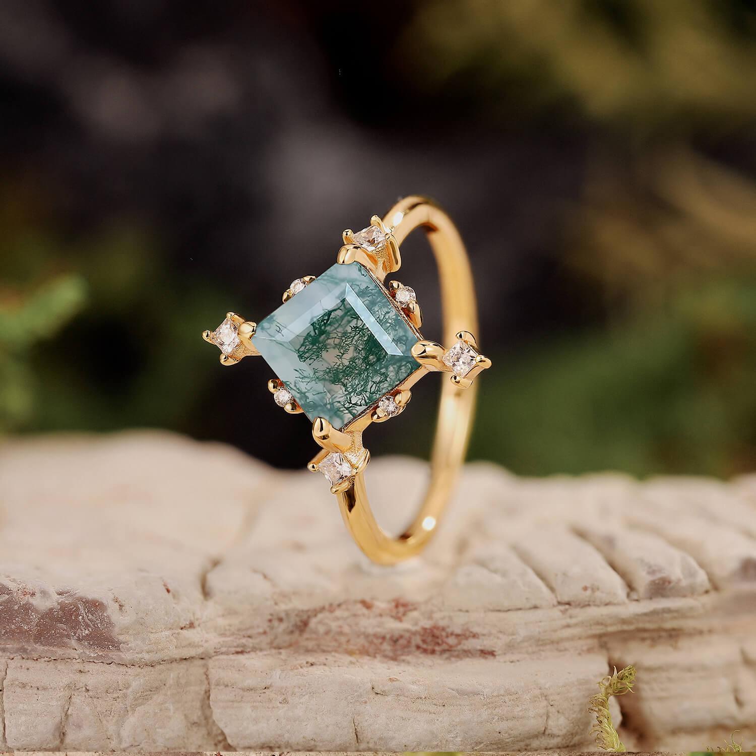 Nature Inspired Square Cut Moss Agate Promise Ring.