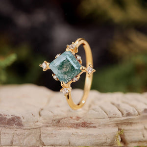 Nature Inspired Square Cut Moss Agate Promise Ring.