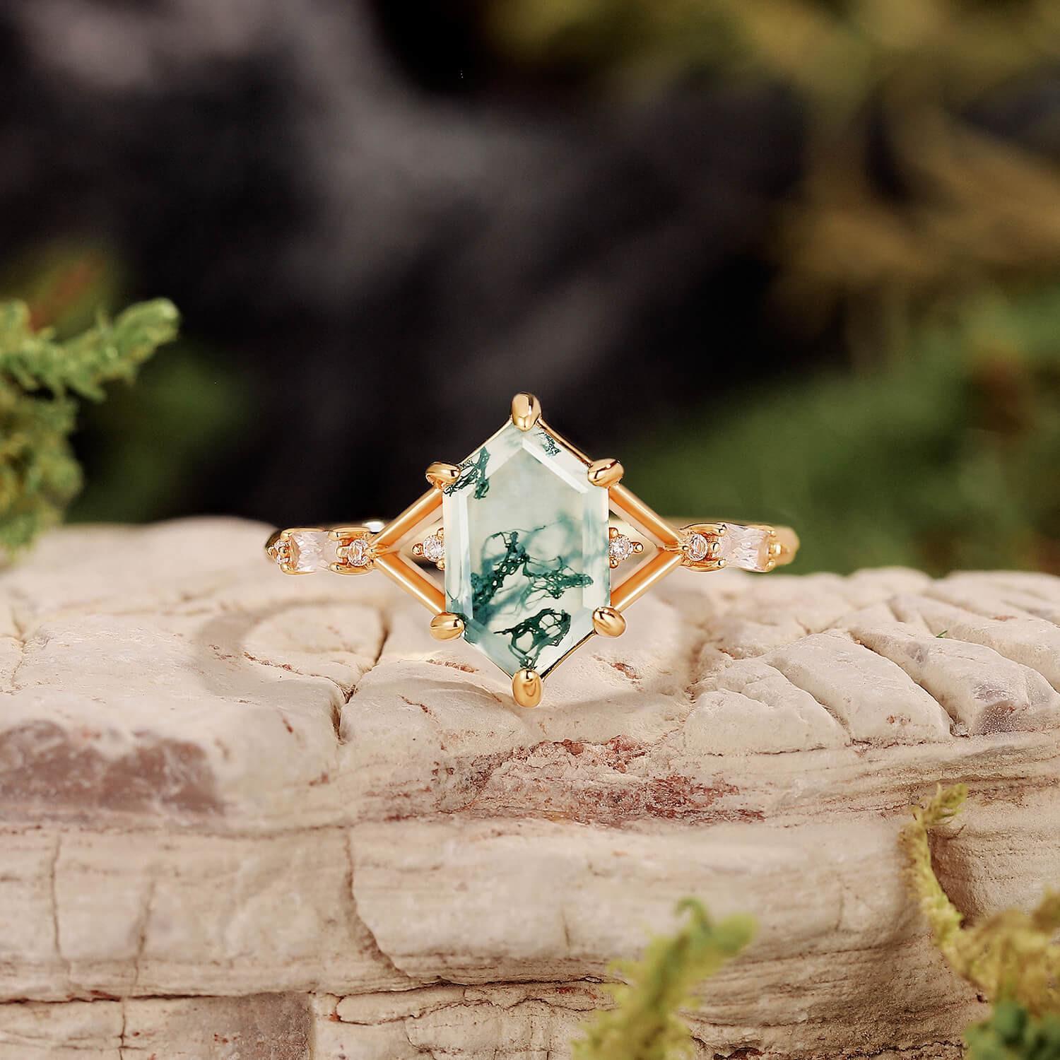 Nature Inspired Hexagon Cut Moss Agate Engagement Ring.