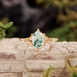 Nature Inspired Hexagon Cut Moss Agate Engagement Ring.