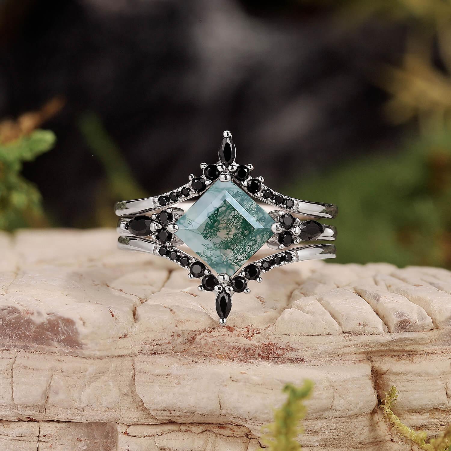 Nature Inspired Square Cut Moss Agate Leaf and Vine Promise Ring Set.
