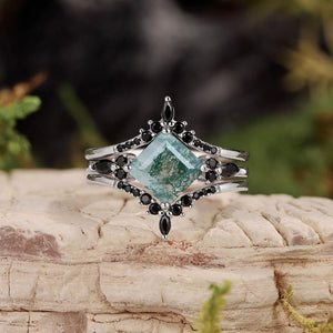Nature Inspired Square Cut Moss Agate Leaf and Vine Promise Ring Set.