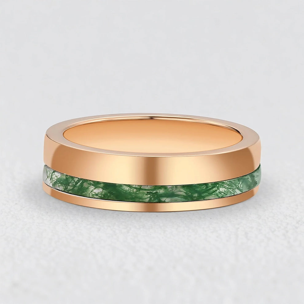 Silas’s Core | Moss Agate Minimalist Inlay Men’s Wedding Band.