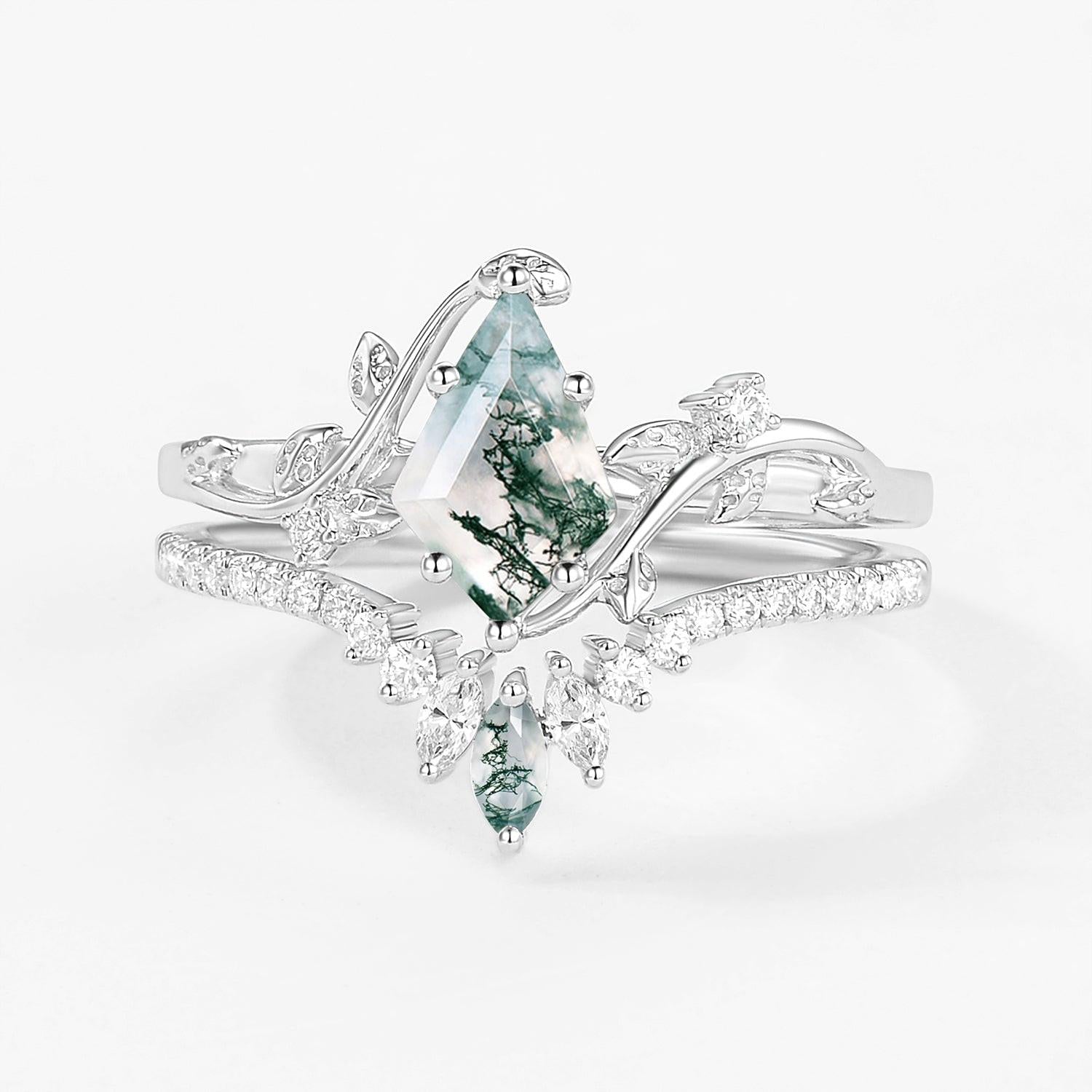 Unique Kite Cut Moss Agate Vine Bridal Ring Sets 2pcs.