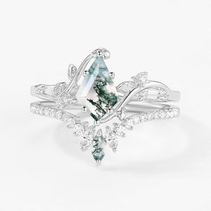 Unique Kite Cut Moss Agate Vine Bridal Ring Sets 2pcs.