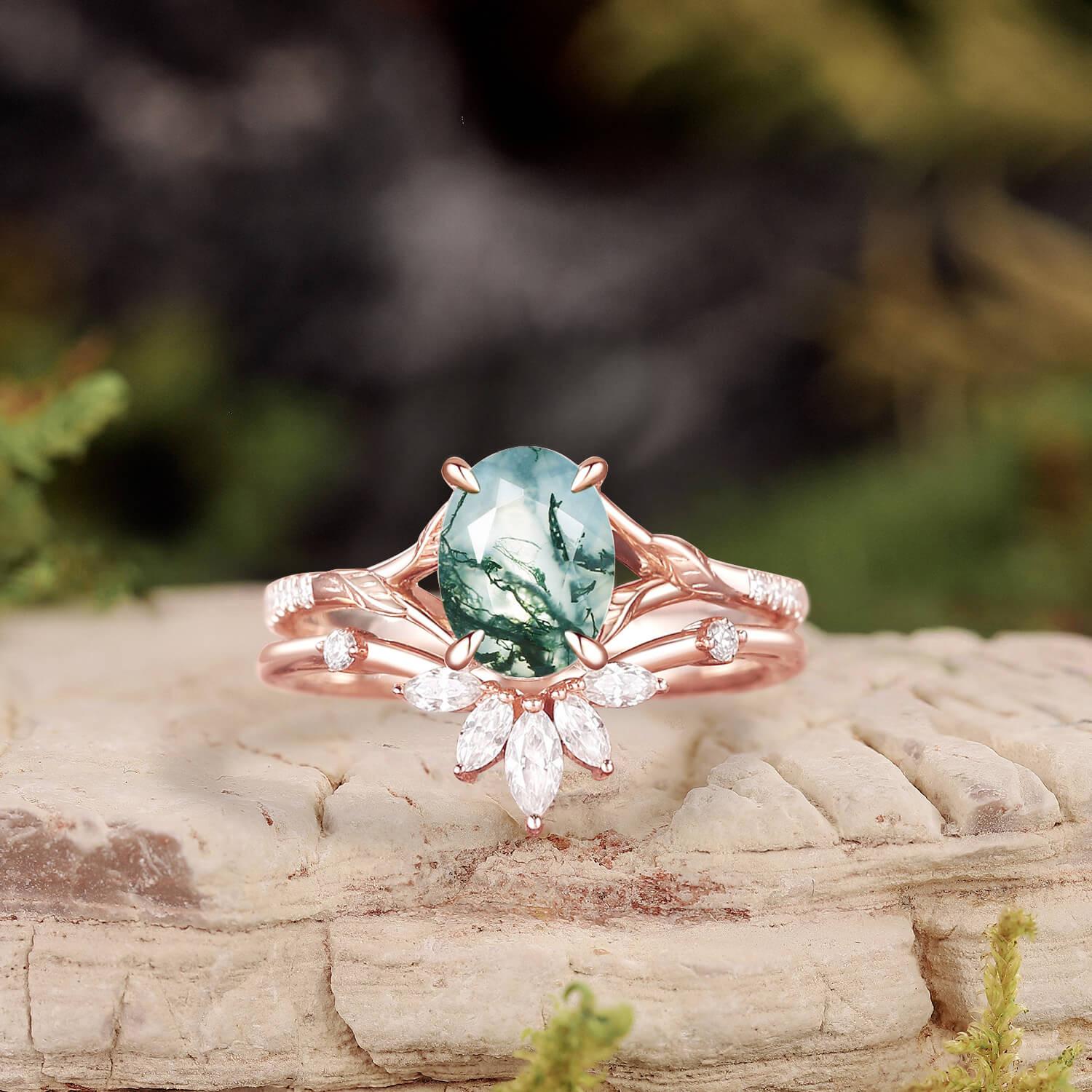 Oval Cut Moss Agate Leafy Cluster Bridal Set.