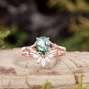 Oval Cut Moss Agate Leafy Cluster Bridal Set.