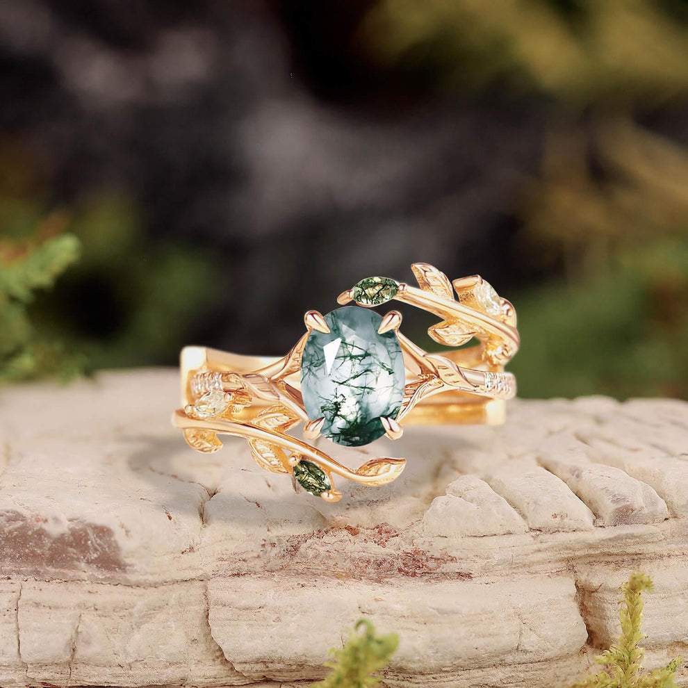 Cordelia’s Branching | Moss Agate Leafy Split Band Bridal Set 2pcs.