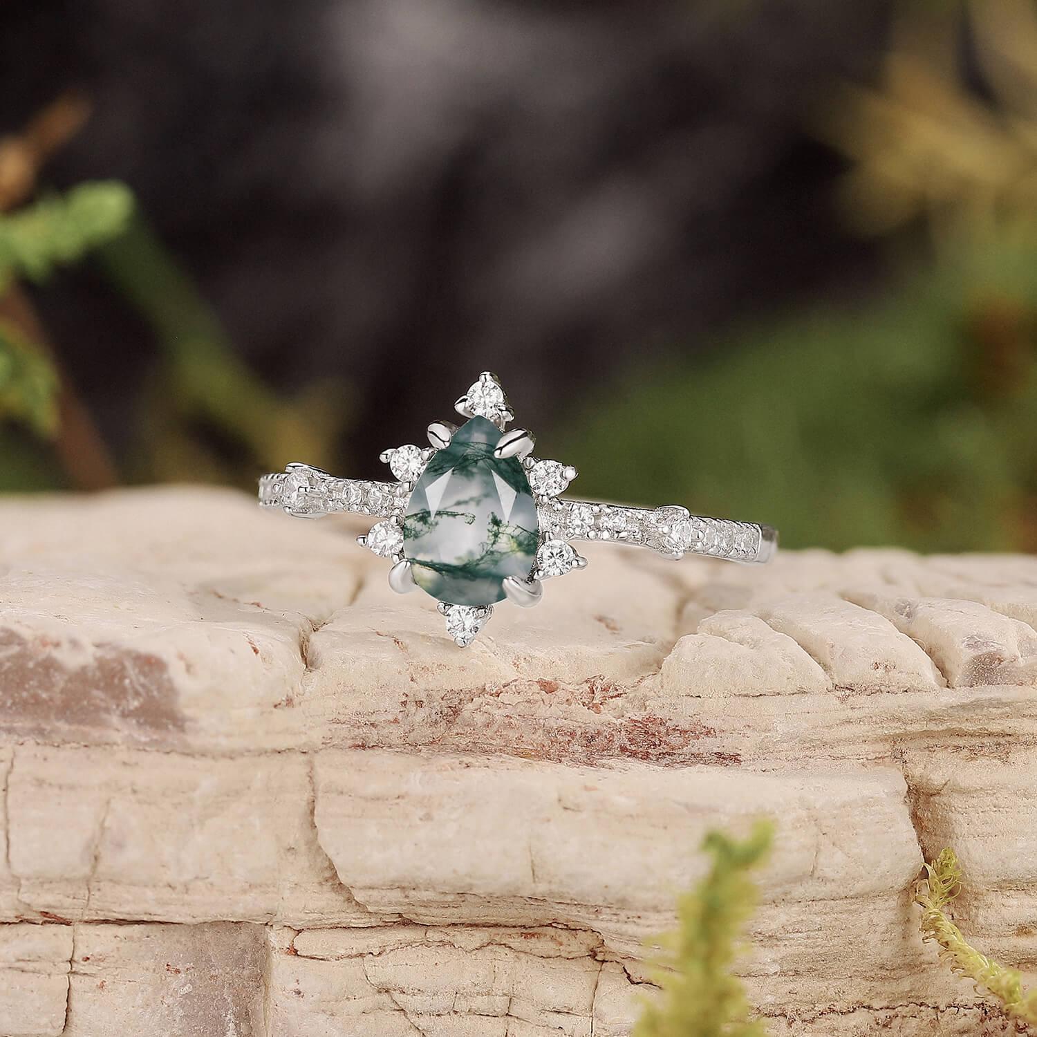 Unique Pear Cut Moss Agate Cluster Engagement Ring.