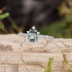 Unique Pear Cut Moss Agate Cluster Engagement Ring.