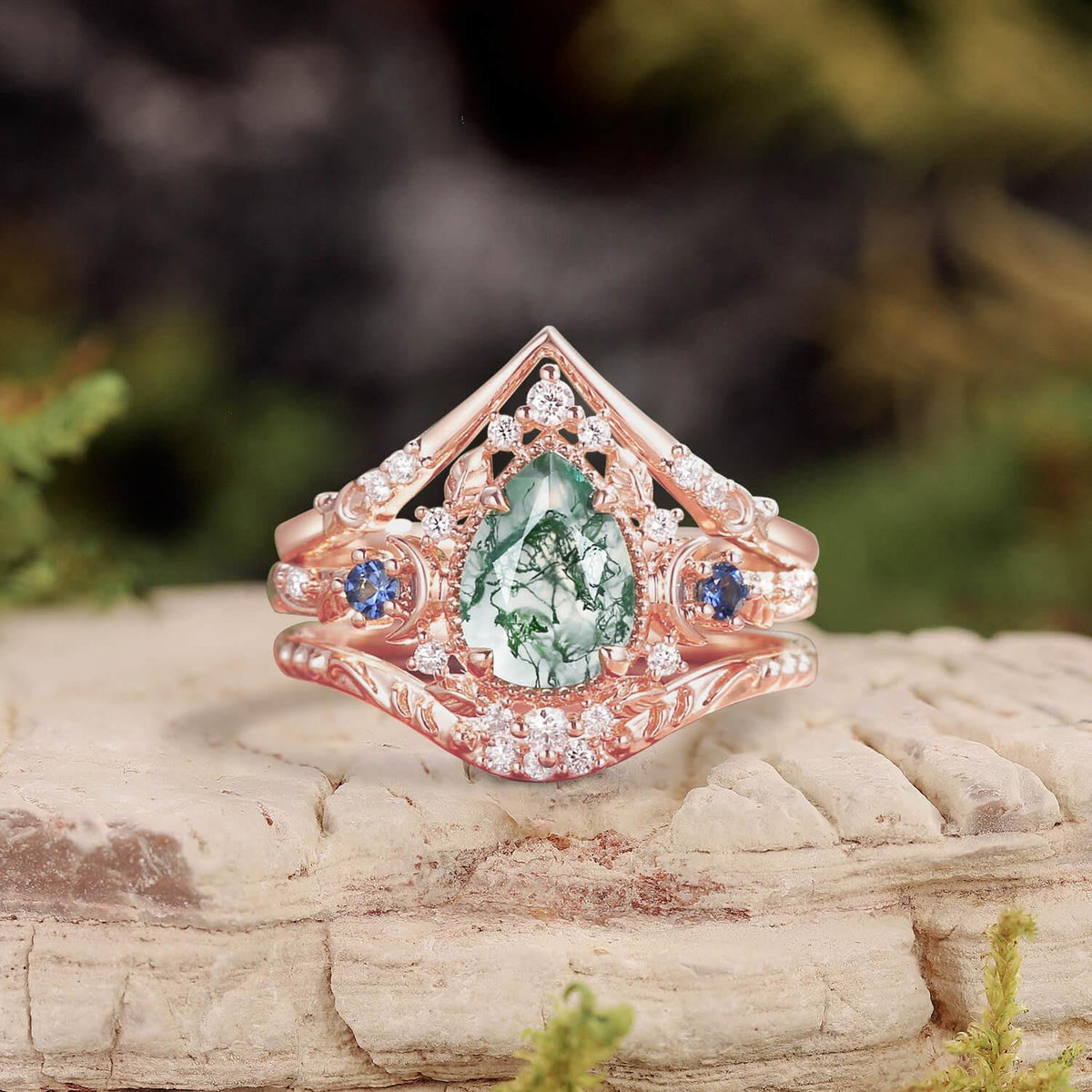 Unique Moonlight Moss Agate Pear Cut Vine Leaf Ring Bridal Sets 2pcs.