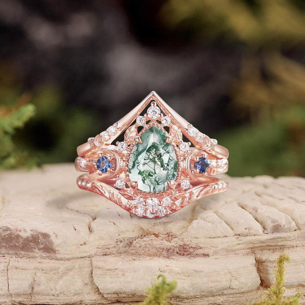 Unique Moonlight Moss Agate Pear Cut Vine Leaf Ring Bridal Sets 2pcs.