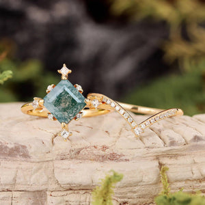 Nature Inspired Square Cut Moss Agate Promise Ring Set.