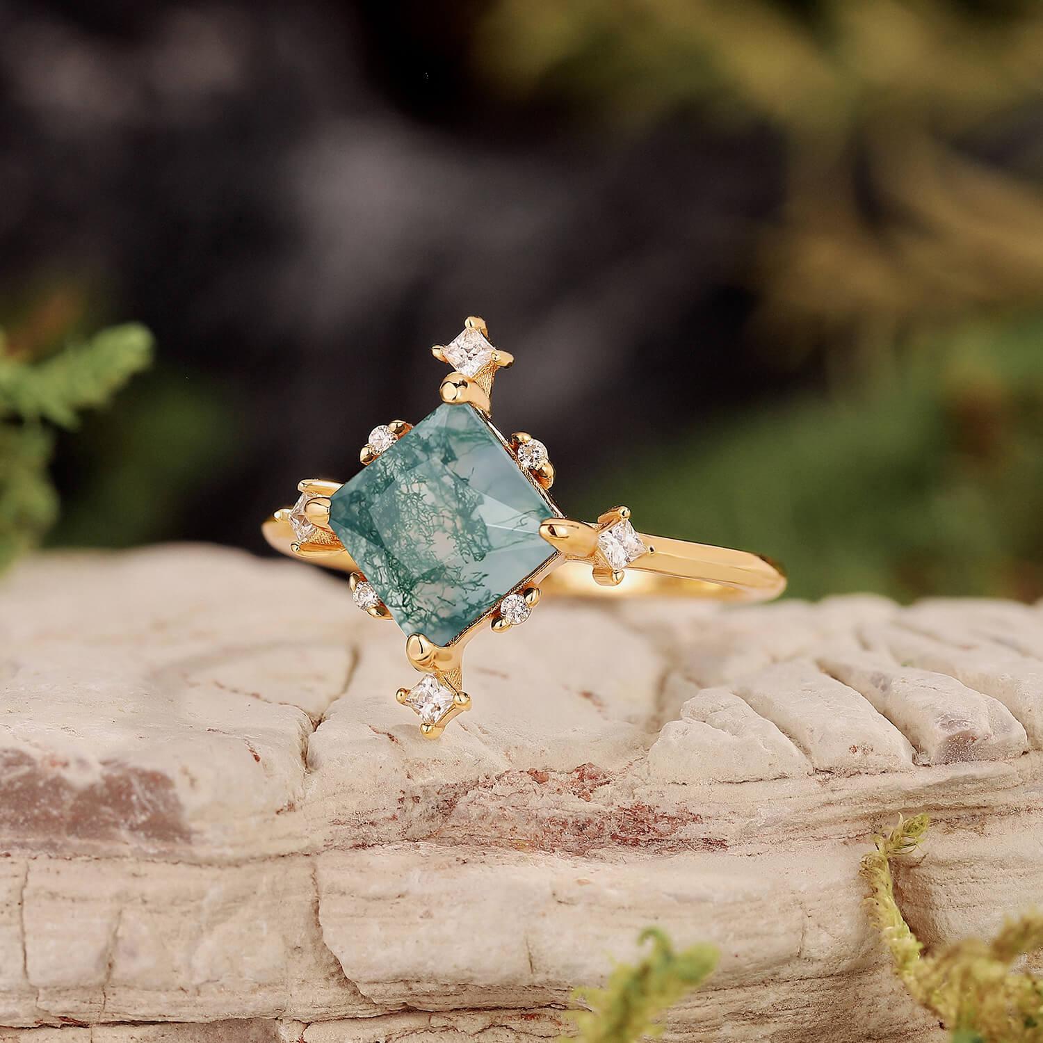 Nature Inspired Square Cut Moss Agate Promise Ring.