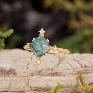 Nature Inspired Square Cut Moss Agate Promise Ring.