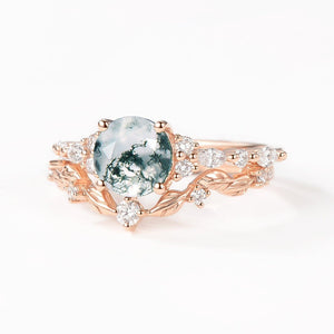 Sarah Round Shaped Leafy Moss Agate Engagement Ring Sets.