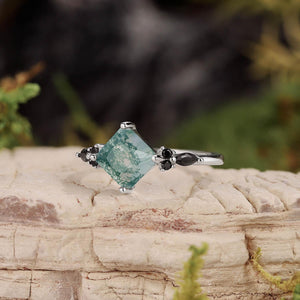 Nature Inspired Square Cut Moss Agate Leaf and Vine Promise Ring.