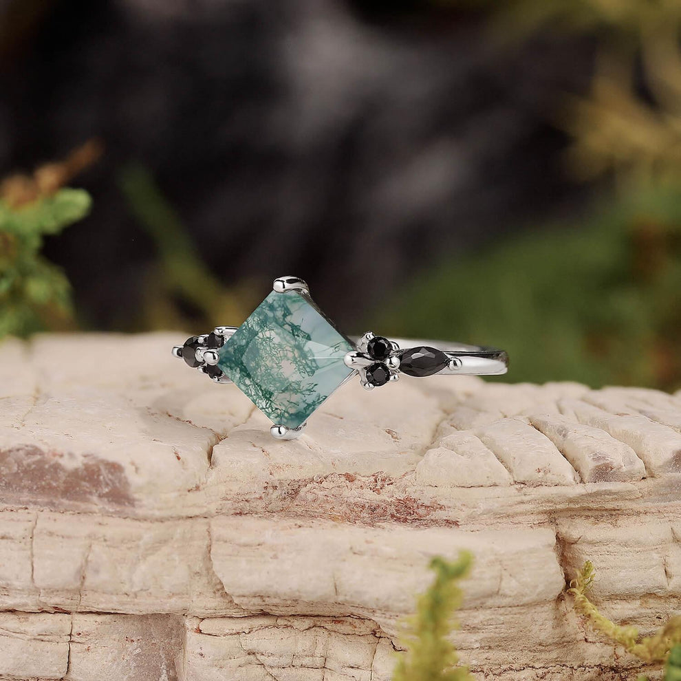Nature Inspired Square Cut Moss Agate Leaf and Vine Promise Ring.