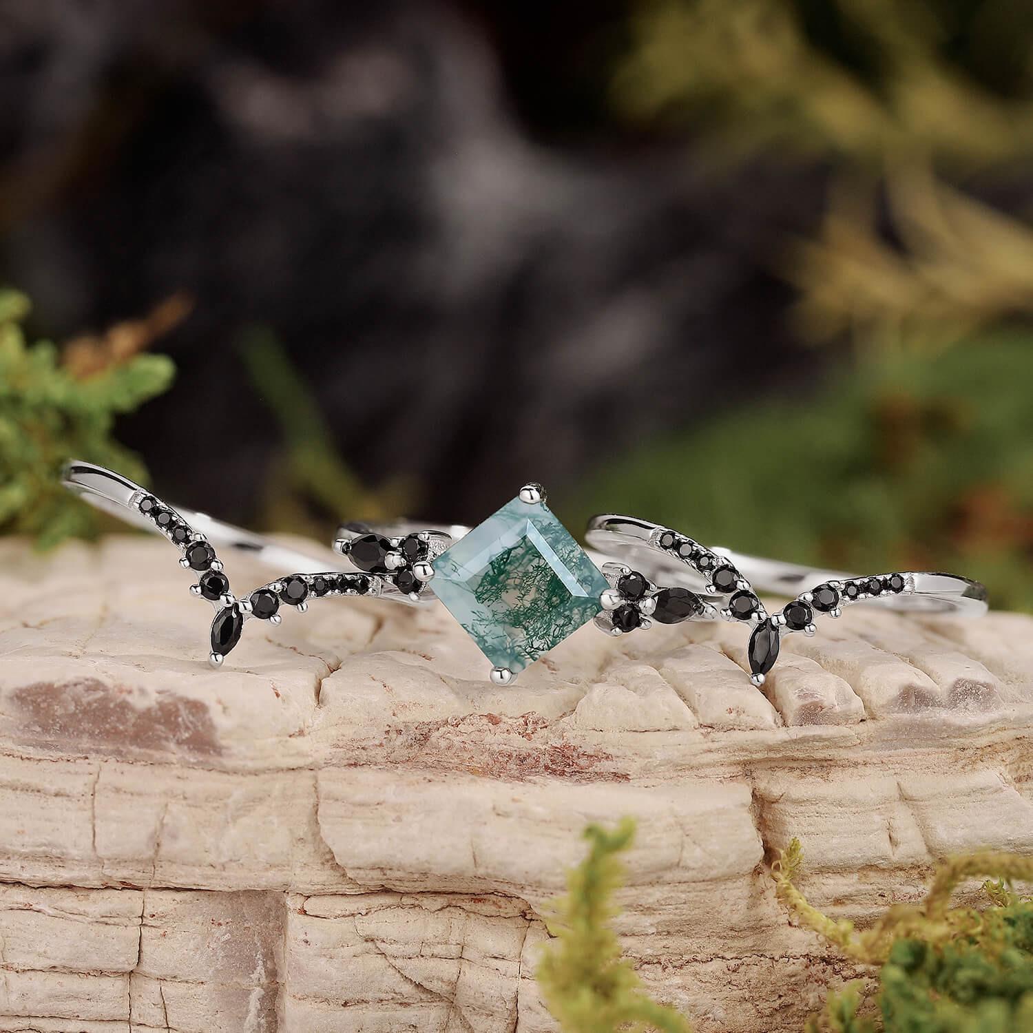 Nature Inspired Square Cut Moss Agate Leaf and Vine Promise Ring Set.